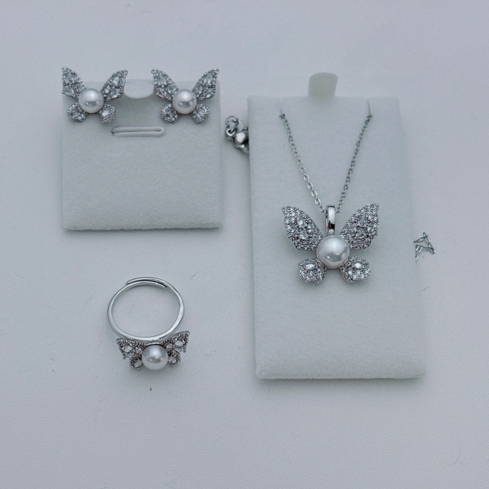 Gift Set Freshwater Pearl Earrings Necklace Ring Butterfly 3pcs Set XM4